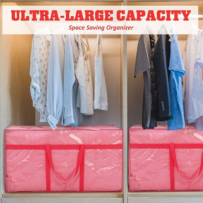 4 Pcs 66 Gallon Large Moving Bags with Zipper and Handles Foldable Storage Duffle Bags Heavy Duty Extra Large Totes for College Dorm Travel Clothes Blankets Bedding Moving (Jelly Pink)