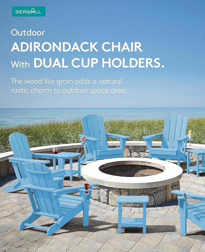 SERWALL Adirondack Chair with Cup Holders - Composite Adirondack Chairs Set of 4 HDPE Outdoor Chairs All Weather Use- Light Blue