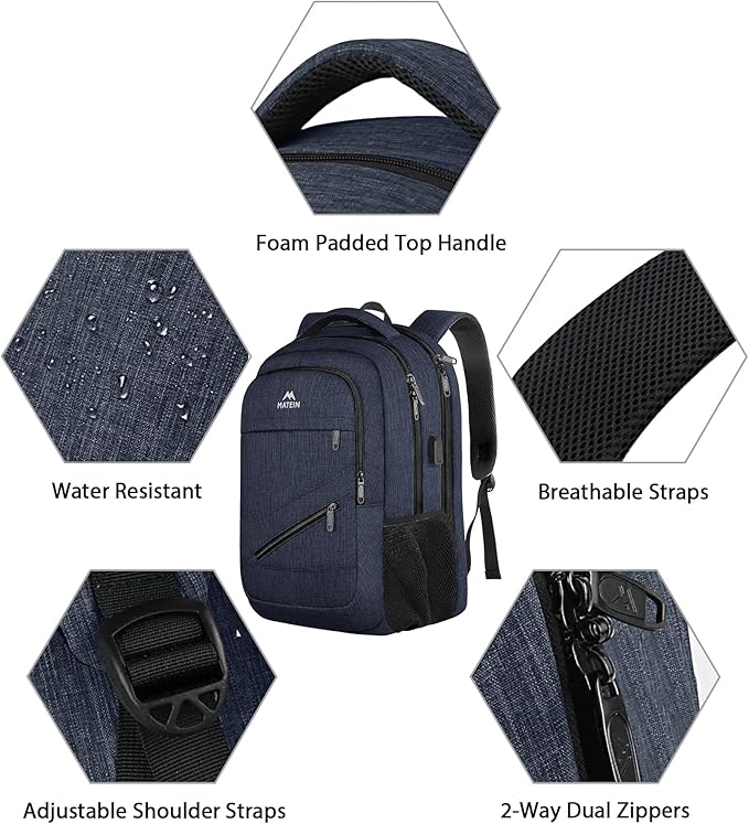 MATEIN 17 Inch Laptop Backpack, Large College Backpack Carry On TSA Approved with Trolley Sleeve, Computer Work Bag with USB Charging Port, Water Resistant Travel Daypack for Men, Dark Blue