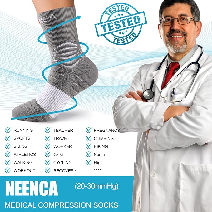 NEENCA Medical Compression Socks—2 Pairs, Ankle Socks for Injury Recovery, Pain Relief, Swelling, Sport Protection 20-30 mmHg