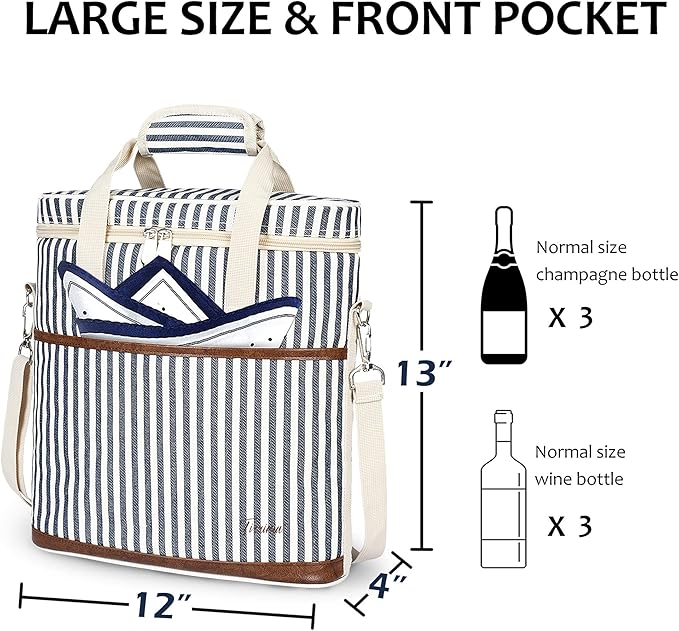 Tirrinia Insulated Wine Gift carrier - 3 Bottle Travel Padded Wine Carry Cooler Tote Bag with Handle and Adjustable Shoulder Strap, Stripe