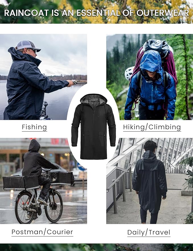 COOFANDY Men's Long Raincoat Ligtweight Rain Jacket Waterproof Outdoor Jackets with Hood