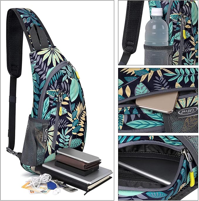 G4Free Sling Bag for Men Women, Small Crossbody Backpack Lightweight Chest Shoulder Bags for Travel, Outdoor and Sports (Blue Leaf)