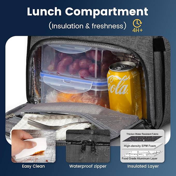 Lunch Backpack, Insulated Cooler Backpack Lunch Box for Men Women, 15.6 Inches RFID Blocking Laptop Backpack with USB Port Lunch Bag for Work Travel Black