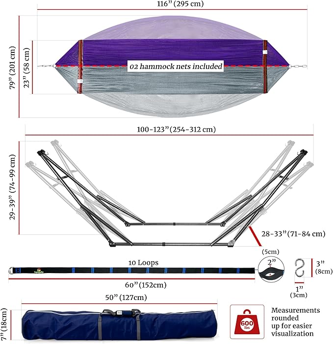 Tranquillo Combo x2 Hammocks with Stand for Outside & Tree Straps, Heavy Duty Hammock with Stand 600lbs for Indoor Outdoor Patio Backyard, x2 Hammocks for 2 Person, Portable Carrying Bags, Purple