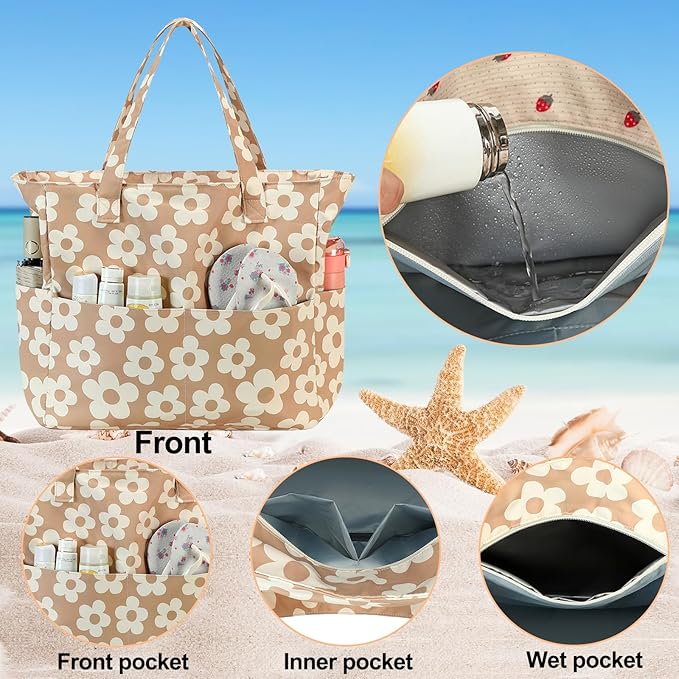 Waterproof Beach Tote Pool Bags for Women Ladies Extra Large Gym Tote Carry On Bag With Wet Compartment for Weekender Travel
