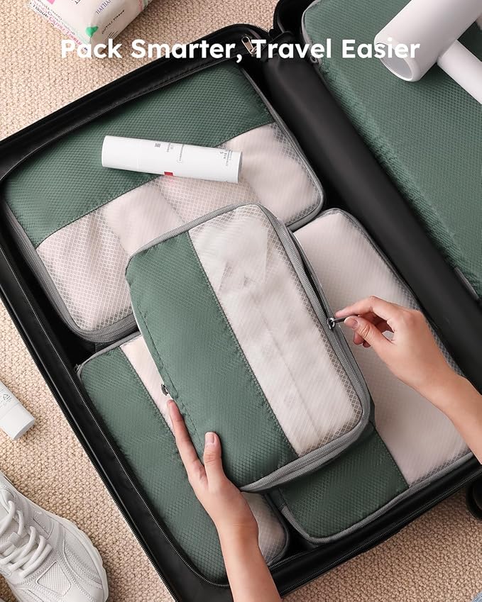 6 Set Compression Packing Cubes for Travel, Bonus Versatile Drawstring Backpack, Lightweight Luggage Organizer Bags, Sturdy Travel Accessories for Suitcase, Dark Green