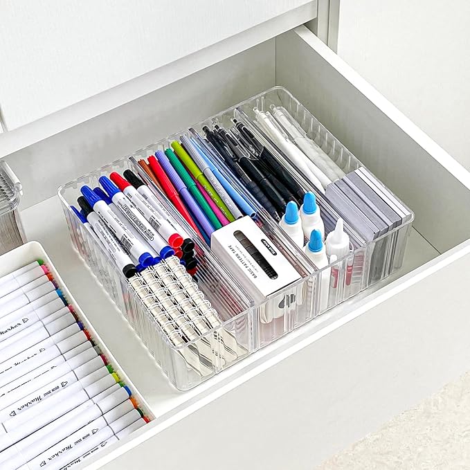 Yesesion Clear Cord Organizer Box for Desk Drawer, Plastic Cable Storage Container with Adjustable Compartments and Wire Ties for Phone Charger, Battery, Art Crafts, Electronics Accessories Case