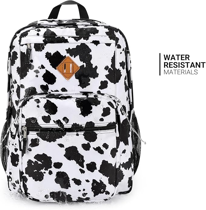 ZORFIN 26L Backpack for College, and Travel: Water Resistant Bookbag - Cow Print Black