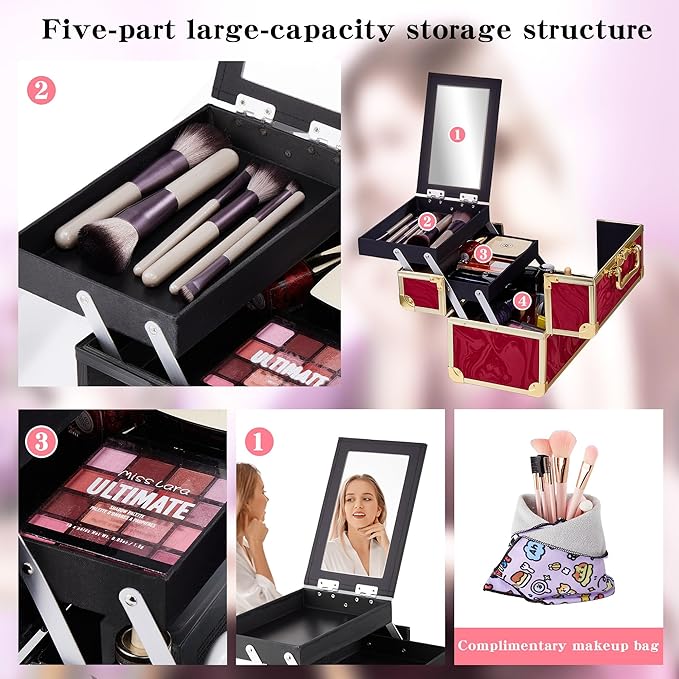 Makeup Train Case, Portable Makeup Case with Mirror, 2-Trays Cosmetic Organizer Case,Nail Polish Organizer, Travel Makeup Box, Profesional for Salon Barber, Pattern Red