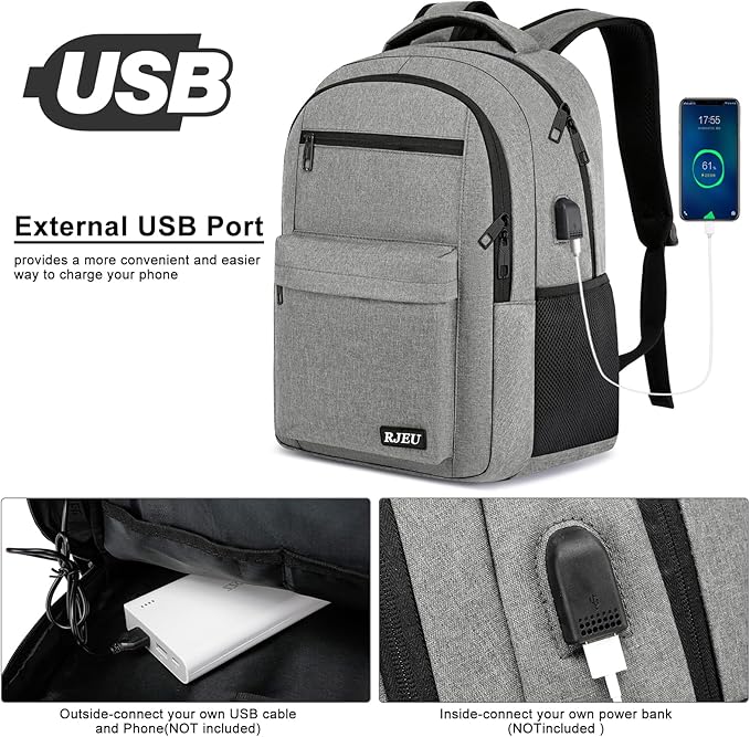 School Backpack for Teen Boys & Girls Students, 15.6 Inch Laptop Backpack with USB Charging Port - College Business Travel Bookbag, Grey