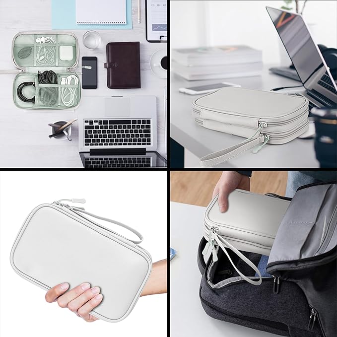 Leather Travel Electronic Organizer - Double Layer, Waterproof Case for Cables, Chargers, Phones & More - Portable, Shockproof Pouch for All Your Electronics Accessories (Grey, M)