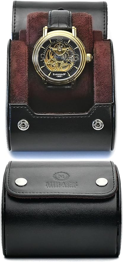 Single Watch Roll Travel Case - Watch Travel Case - Jade Black with Mahogany Interior- Swiss Motif Vegan Leather