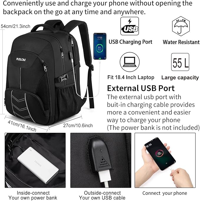 Extra Large Backpack for Men 55L,18.4Inch Travel Laptop Backpack with USB Charging Port Business Flight Approved Carry On Backpack,TSA Big Capacity Heavy Duty Computer Bag College Bookbag,Black
