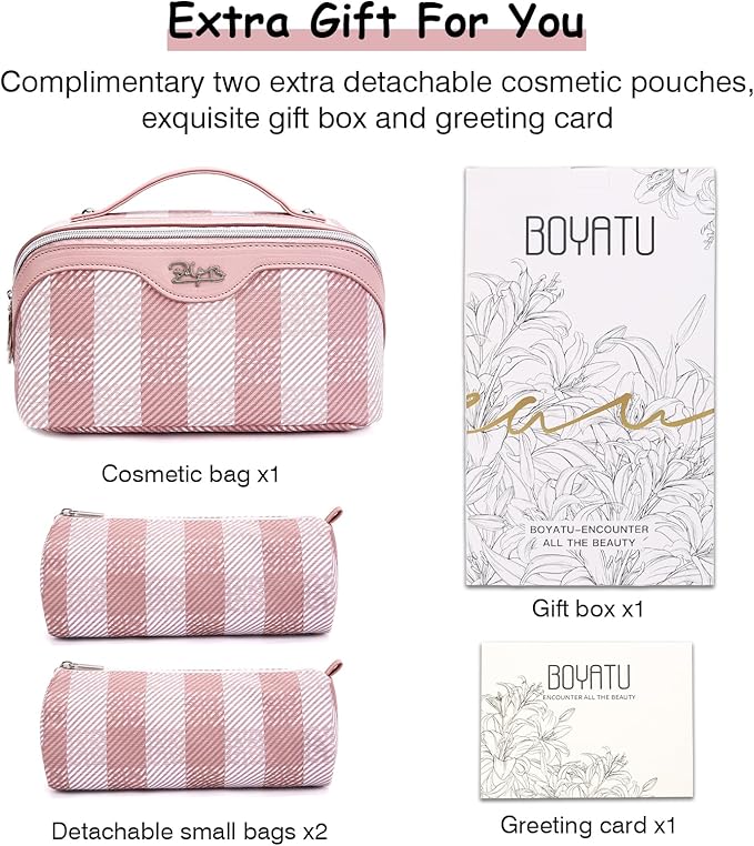 BOYATU Makeup Bag Travel Cosmetic Bag: 3 Pcs Set Portable Make up Bags for Women with Handle - Waterproof Vegan Leather Toiletry Organizer Bags with Comparments (F-03-Pink)