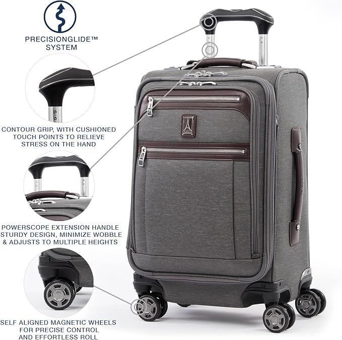 Travelpro Platinum Elite Softside Expandable Carry on Luggage, 8 Wheel Spinner Suitcase, USB Port, Laptop and Tablet Sleeves, Men and Women, Vintage Grey, Carry On 20-Inch