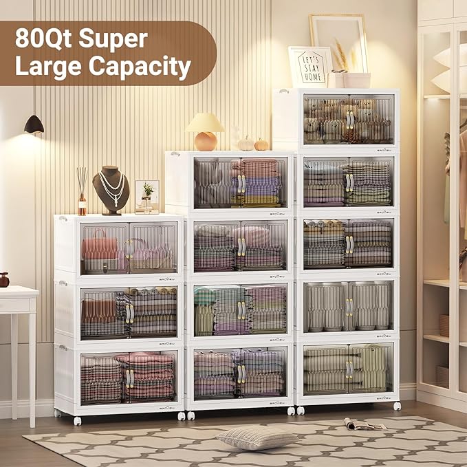 BROVIEW 320Qt Stackable Storage Bins with Lid, Extra Large Closet Organizer Collapsible Drawer Boxes with Wheels, Folding Plastic Cabinet Containers for Home Kitchen Room Organization, 4Pack White