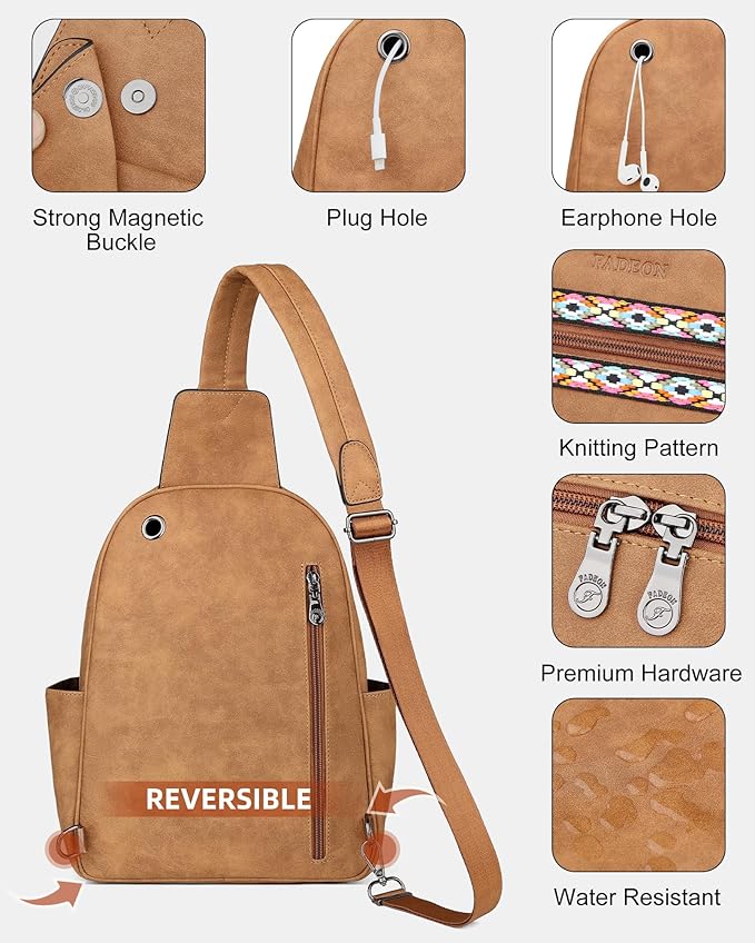 FADEON Large Sling Bag for Women, Leather Crossbody Purse Designer Anti Theft Sling Backpack, RFID Fanny Packs for Travel