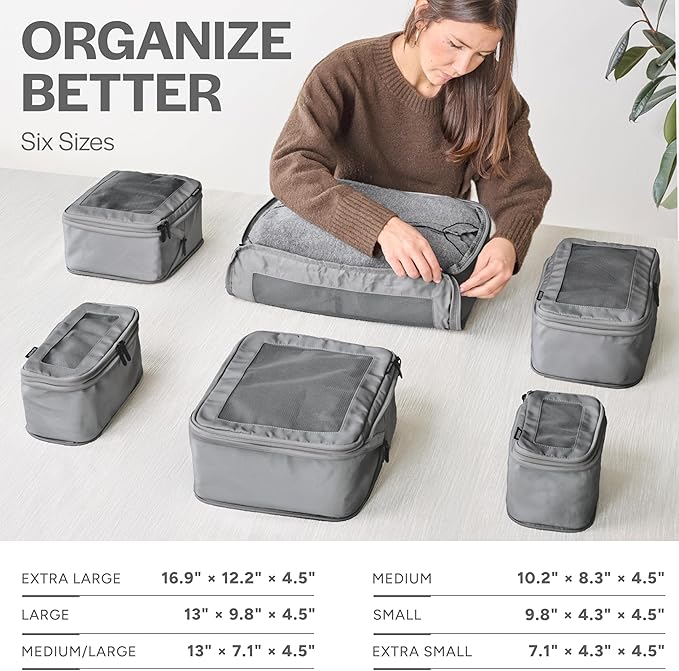 Aerotrunk Compression Packing Cubes for Travel - Luggage Organizer Bags - Double Zipper Packing Cubes for Suitcases (6-Pack, Dark Grey)