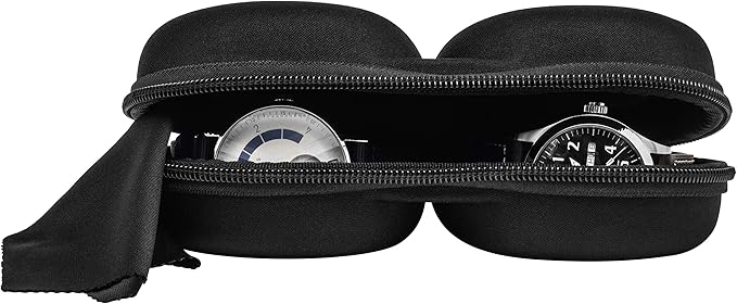 Double Watch Travel Case Storage Holder Box for 2 Watches | Dual Tough Portable Protection w/Zipper Fits All Wristwatches & Smart Watches Up to 50mm (Black)