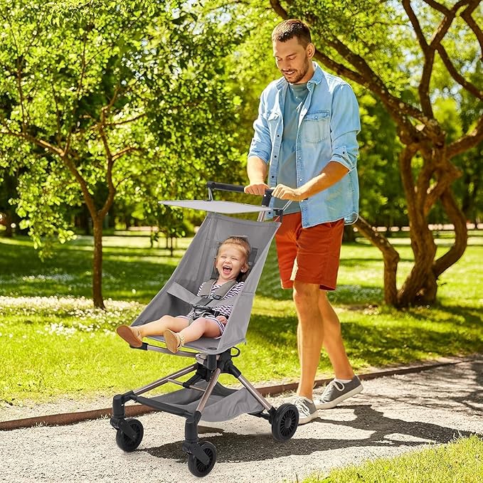 Jojoka Lightweight Stroller for Airplane,Compact Strollers for Travel,Foldable Toddler Pushchair with Carry Bag, Storage Basket, Rear Brakes, Adjustable Awning(Grey)