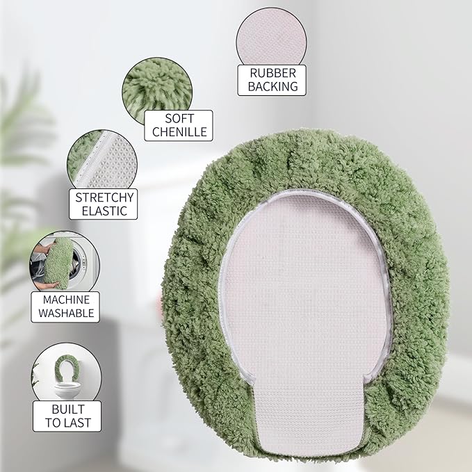 Microfiber Elongated Toilet Seat Cover 19.5"x 15" Machine Washable Solid Toilet Lid Cover Adjustable Rubber Backing Fits Most 18-19.5" L x 14-16" W Elongated Toilet Seat