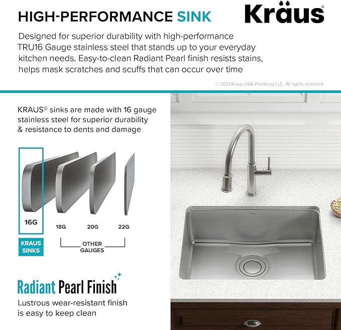 KRAUS Dex 25-Inch Undermount Single Bowl TRU16 Gauge Stainless Steel Kitchen Sink with DrainAssure WaterWay and VersiDrain Assembly in Radiant Pearl Finish, KD1US25B