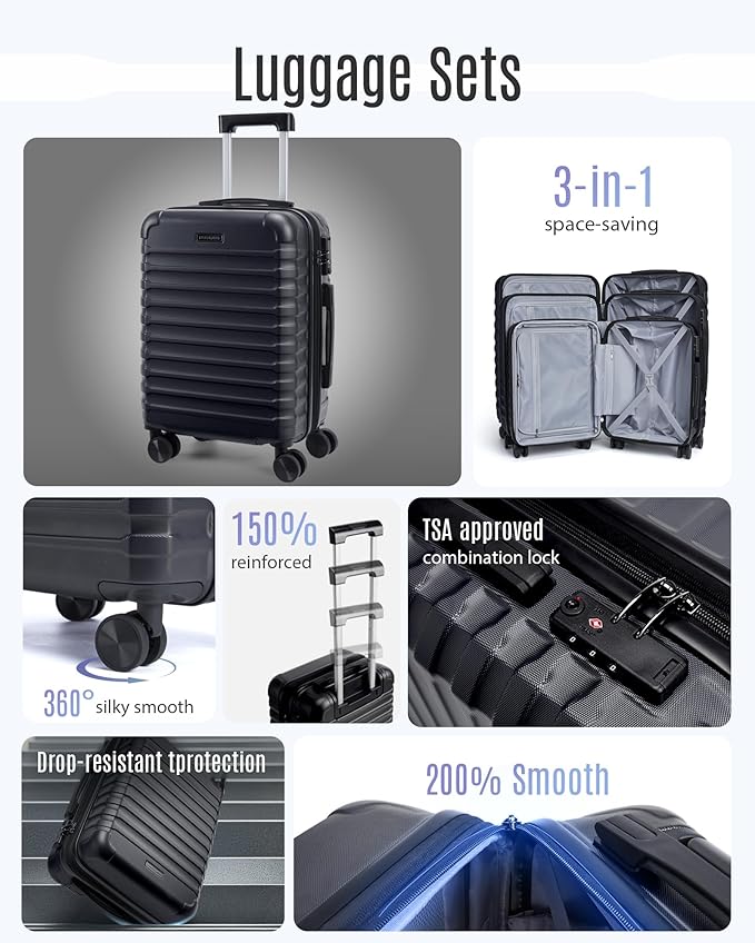 LIGHT FLIGHT Luggage Sets, 3 Piece Durable Suitcase Set with Spinner Wheels, 3 Pcs Hardside Lightweight luggage with TSA Lock, Large Checked Travel Suitcases, 20/24/28 Inch, Black