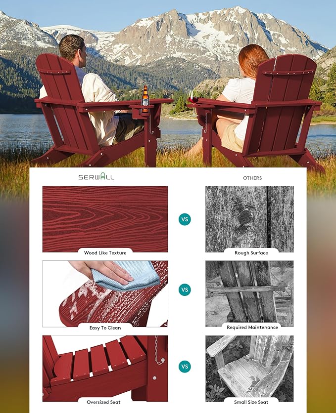 SERWALL Adirondack Chair with Cup Holders - Composite Adirondack Chairs HDPE Outdoor Chairs All Weather Use- Dark Red
