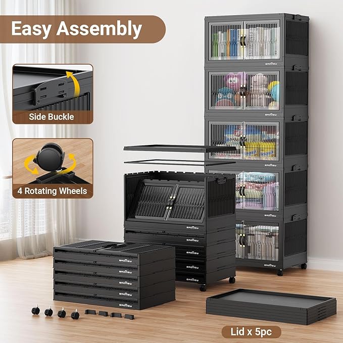 BROVIEW 400Qt Stackable Storage Bins with Lid, Extra Large Closet Organizer Collapsible Drawer Boxes with Wheels, Folding Plastic Cabinet Containers for Home Kitchen Room Organization, 4Pack Black