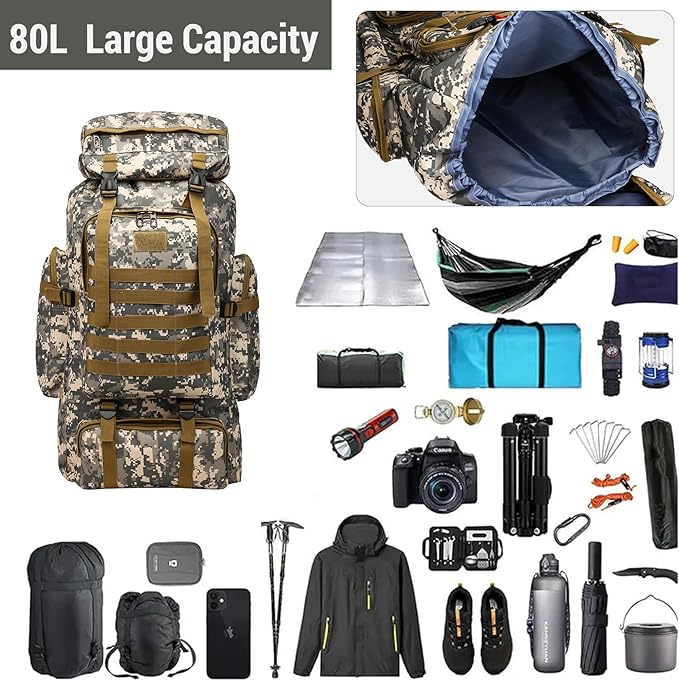 80L 2Pcs Hiking Backpack for Men with Sling Tactical Backpack - Rucksack Molle Military Tactical Waterproof Lightweight Camping Backpack 3 Day Assault Pack for Travel, Climbing, Backpacking