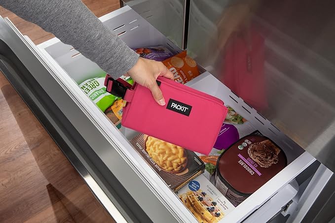 PackIt Freezable Snack Box, Magenta, Built with ECOFREEZE Technology, Collapsible, Reusable, Zip Closure with Buckle Handle, Designed For Work Snacks, Fresh Snacks On the Go, Adults, and All Ages