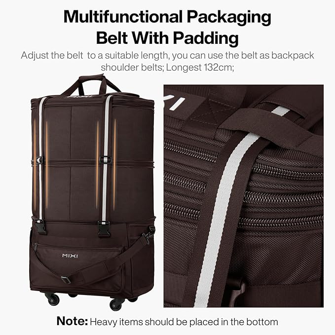mixi Travel Bag with Wheels Expandable Foldable Luggage Bag Collapsible Rolling Travel Duffel Bags Large Capacity Suitcase for Men Women, Brown