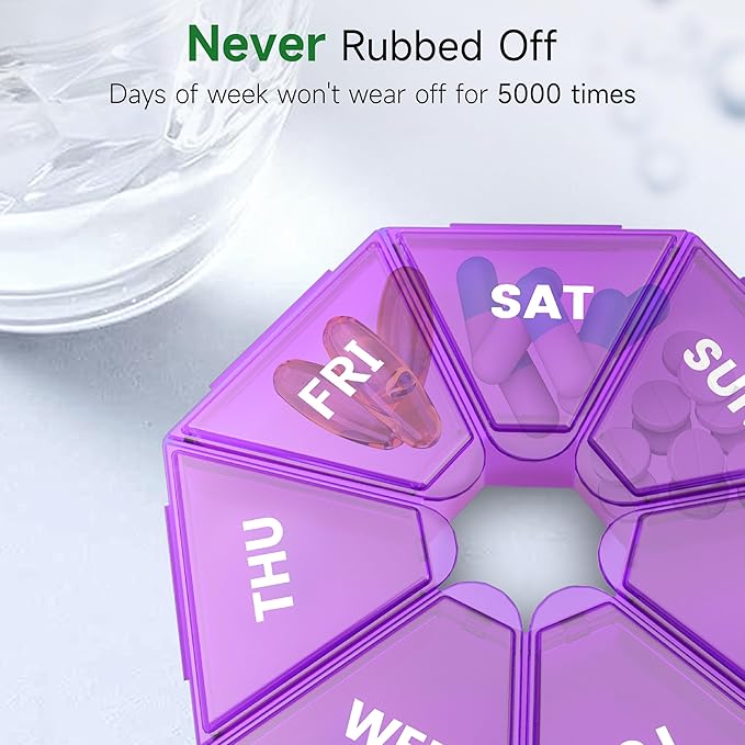 Weekly Pill Organizer, 2 Pack Portable Pill Box Medicine case 6 Colors (Seven Day) New Edition for Vitamin/Fish Oil/Pills/Supplements-Arthritis Friendly (Purple)