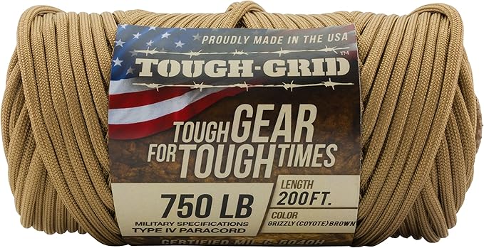 TOUGH-GRID 750 Paracord Rope Nylon Parachute Cord, Made in USA Survival Kit, Outdoor Adventures, Camping, Tactical Gear & Emergency Supplies, Military Type IV Mil-Spec