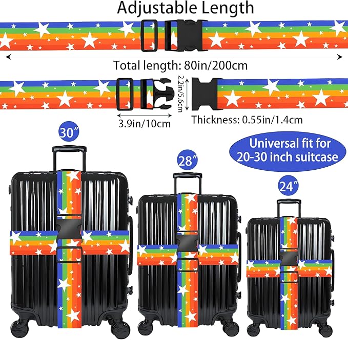 Rainbow Stars Luggage Straps for Suitcases, Adjustable Luggage Travel Belt to Keep Luggage Security While Travel, Strong Polyester Fabric, Easy-to-Recognize Funny Pattern Travel Essentials, 2 Pack
