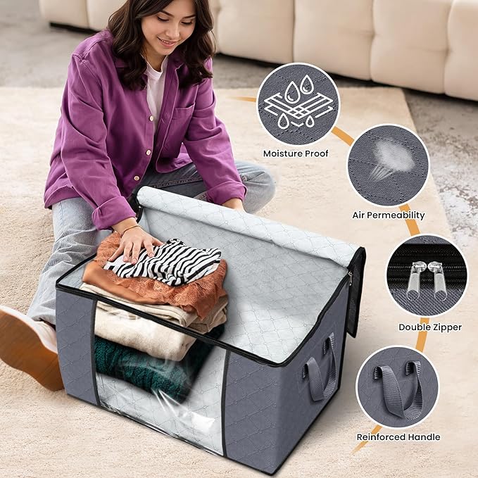 Fab totes 24 Gallons Clothes Storage, Foldable Thick Fabric Blanket Storage Bags, Containers for Organizing Bedroom, Closet, Clothing, Comforter, Organization with Handle (4 Pack,Grey)