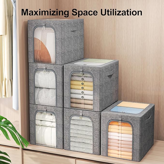 GoMaihe Clothes Storage Bins Metal Frame: 55L Extra Large Stackable Closet Storage Bin with Lid & Clear Window, Heavy Duty Blanket Box for Winter Coats Comforters (Fits Deep Closet 4-Pack)