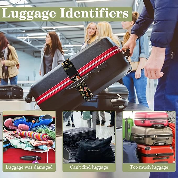 Mushroom Luggage Straps for Suitcases TSA Approved, Luggage Identifiers for Suitcase, Adjustable Suitcase Strap for Baggage Security with Cute Patten, Travel Necessary Accessories (2Pack)