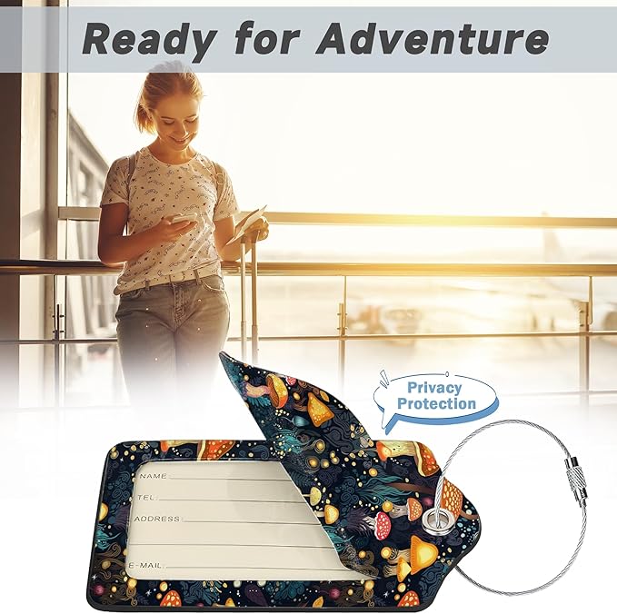 Retro Mushrooms Luggage Tags, 2 Pack Travel Cruise Tags for Suitcases,Cute Identifiers with Privacy Flap, Baggage Tags for Women Men Handbag