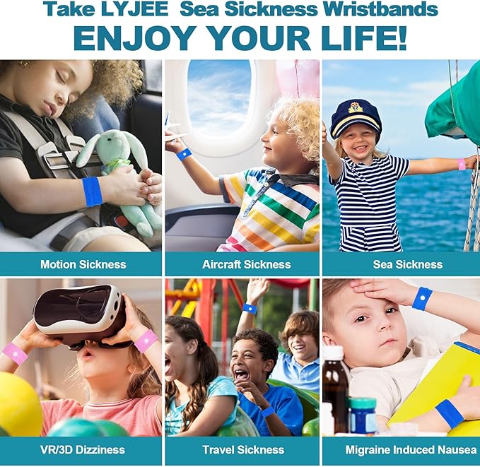 LYJEE Motion Sickness Bands for Kids, Travel Sickness Relief Wristbands, Anti-Nausea Wristbands for Car or Sea Sickness