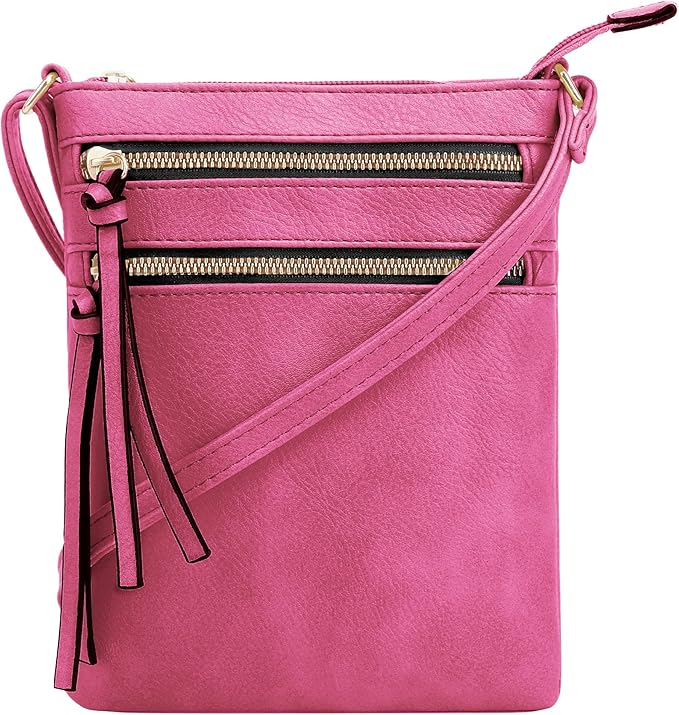DELUXITY | Crossbody Purse Bag | Functional Multi Pocket Double Zipper Purse | Adjustable Strap | Medium Size Purse |Fuchsia