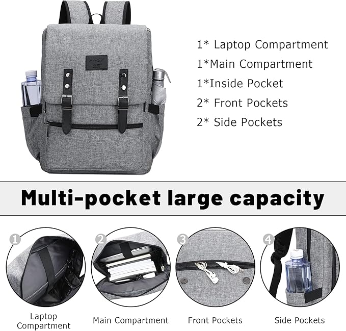 HFSX Vintage Backpack Anti Theft Laptop Backpack Men Women Business Travel Computer Backpack College Bookbag Stylish Water Resistant Vintage Backpack with USB Port Fits 15.6 Inch Laptop Grey