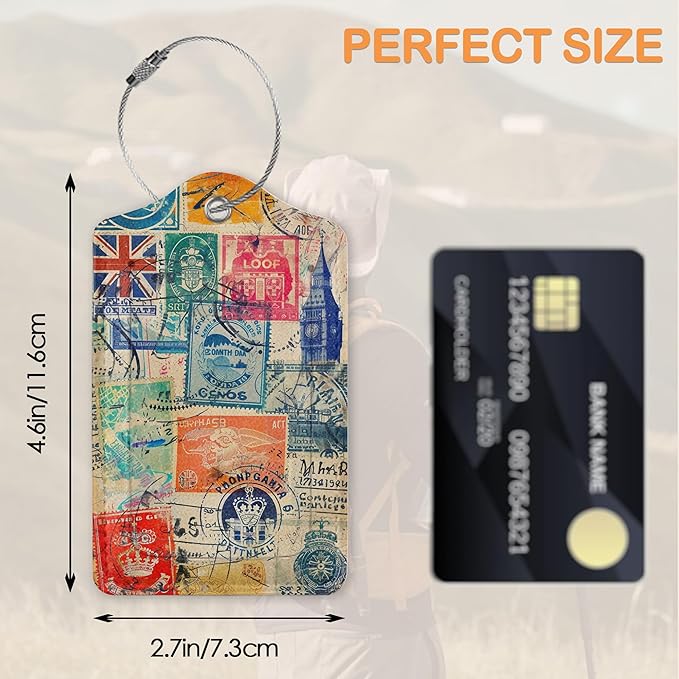 Retro Wanderlust Stamps 3 PCS PU Leather Luggage Tags for Suitcase, Luggage Tag with Privacy Flap, Name ID Label and Metal Loop for Women Men Baggage Handbag School Bag Backpack