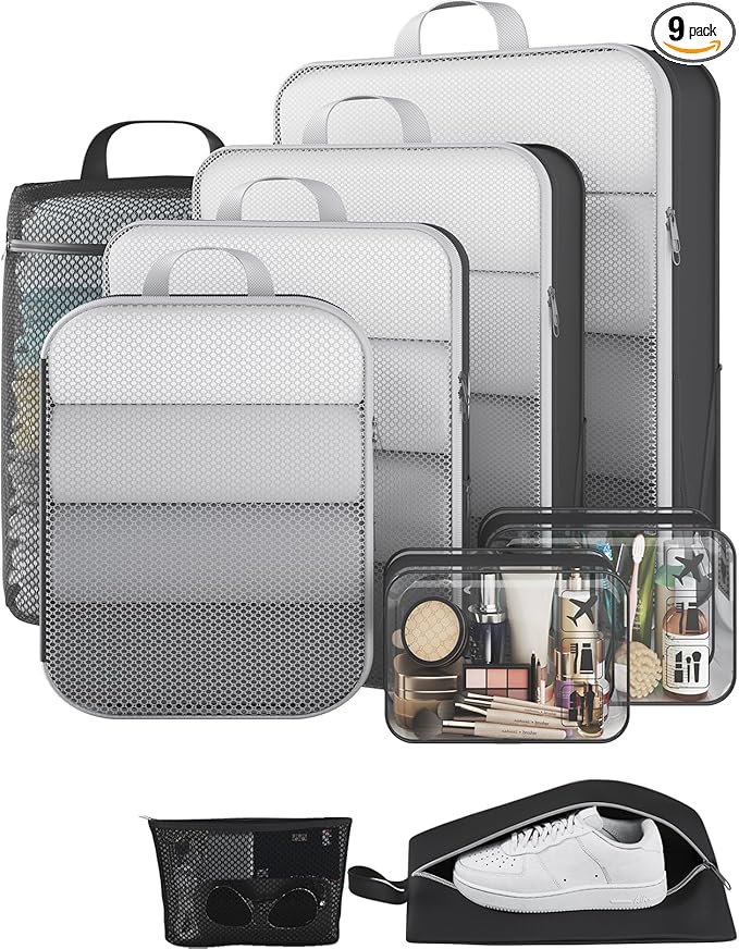 Veken 9/11 Set Compression Packing Cubes for Travel Essentials,Compressible Expandable Large Luggage Suitcase Organizer Bags for Clothing,Durable Space Saver Storage Bags with Toiletry Bags(Black)