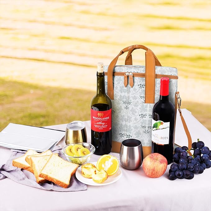 Tirrinia Insulated Wine Gift carrier - 3 Bottle Travel Padded Wine Carry Cooler Tote Bag with Handle and Adjustable Shoulder Strap, White Flower