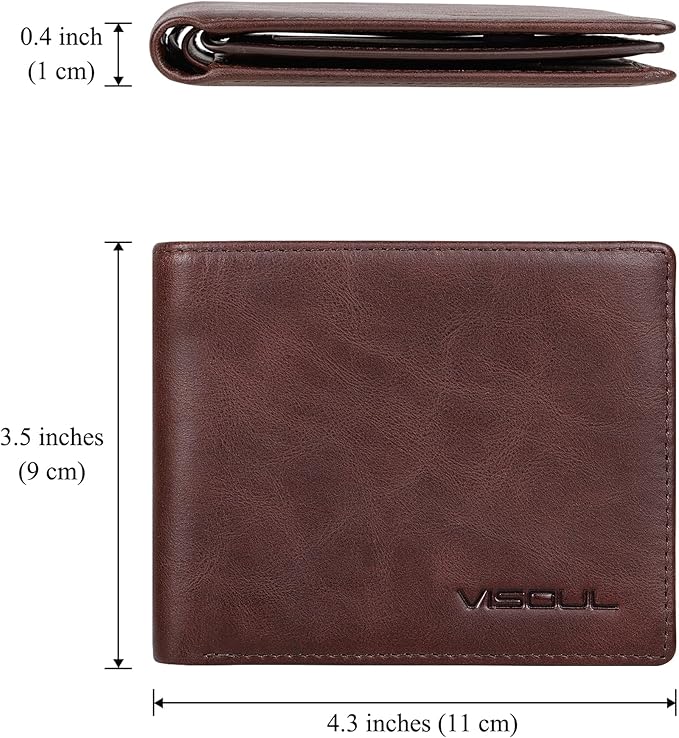 VISOUL Mens Bifold Leather RFID Blocking Wallet with 2 ID Windows, Soft Genuine Leather Card Holder Wallet with 2 Cash Compartments for Men (Coffee)