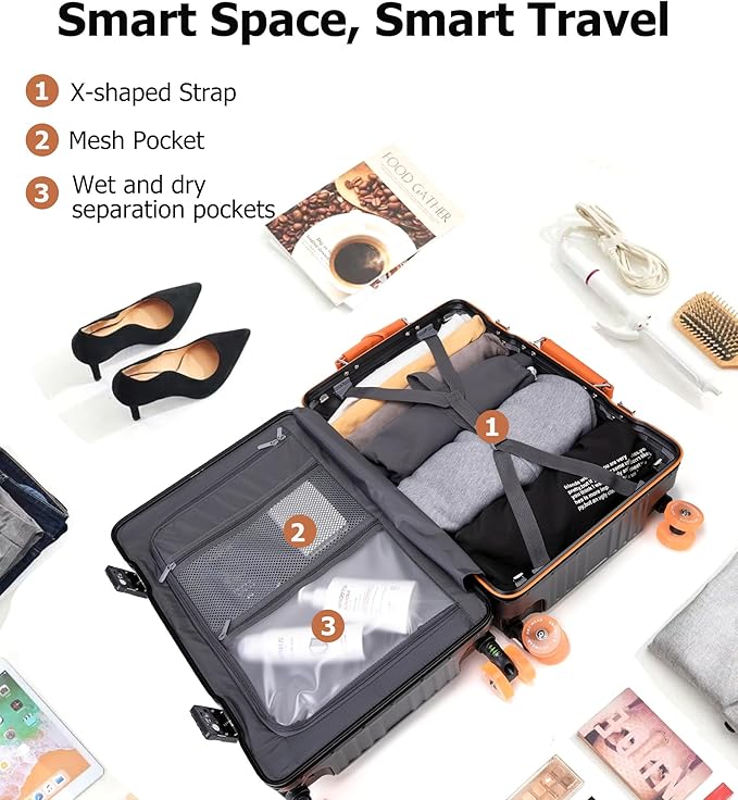 feilario 20" Aluminum Frame Wide Handle Hard Shell Carry On Suitcase - Vivid Colors Double Spinner Wheels Airline Approved Rolling Luggage with TSA Lock & Cup Holder (Black, 20in)