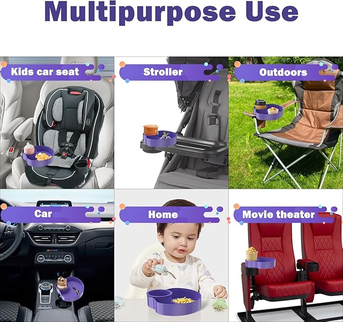 Kids Car Seat Tray, Travel Tray with Cup Holder for Toddler Baby, Kids Car Seat Food Snack Organizer for Road Trip, Stroller snack Organizer Travel Must Haves Toddler Must Haves (Purple, 1 PCS)