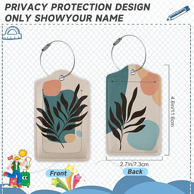 Boho Line Leaves Luggage Tags, 2 Pack Travel Cruise Tags for Suitcases,Cute Identifiers with Privacy Flap, Baggage Tags for Women Men Handbag
